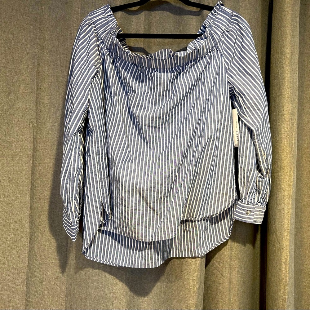 Off the shoulder blue and white top